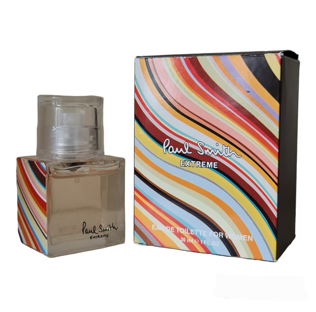 Paul Smith Extreme Women Eau de Toilette 100ml. Angled photo of box and bottle, perfume, fragrance, scent and cologne.