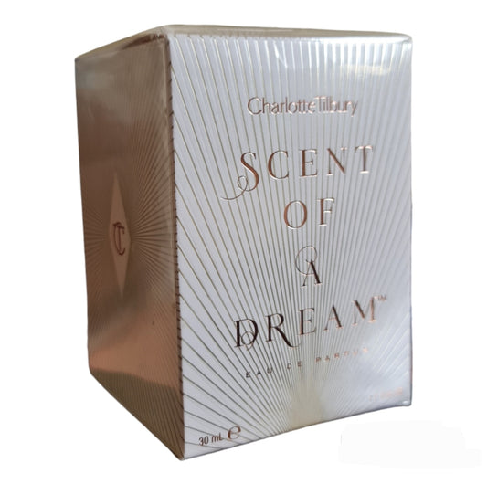 Charotte Tilbury Scent Of A Dream Eau De Parfum 30ml. Angled photo front of box, perfume, cologne, scent and fragrance.