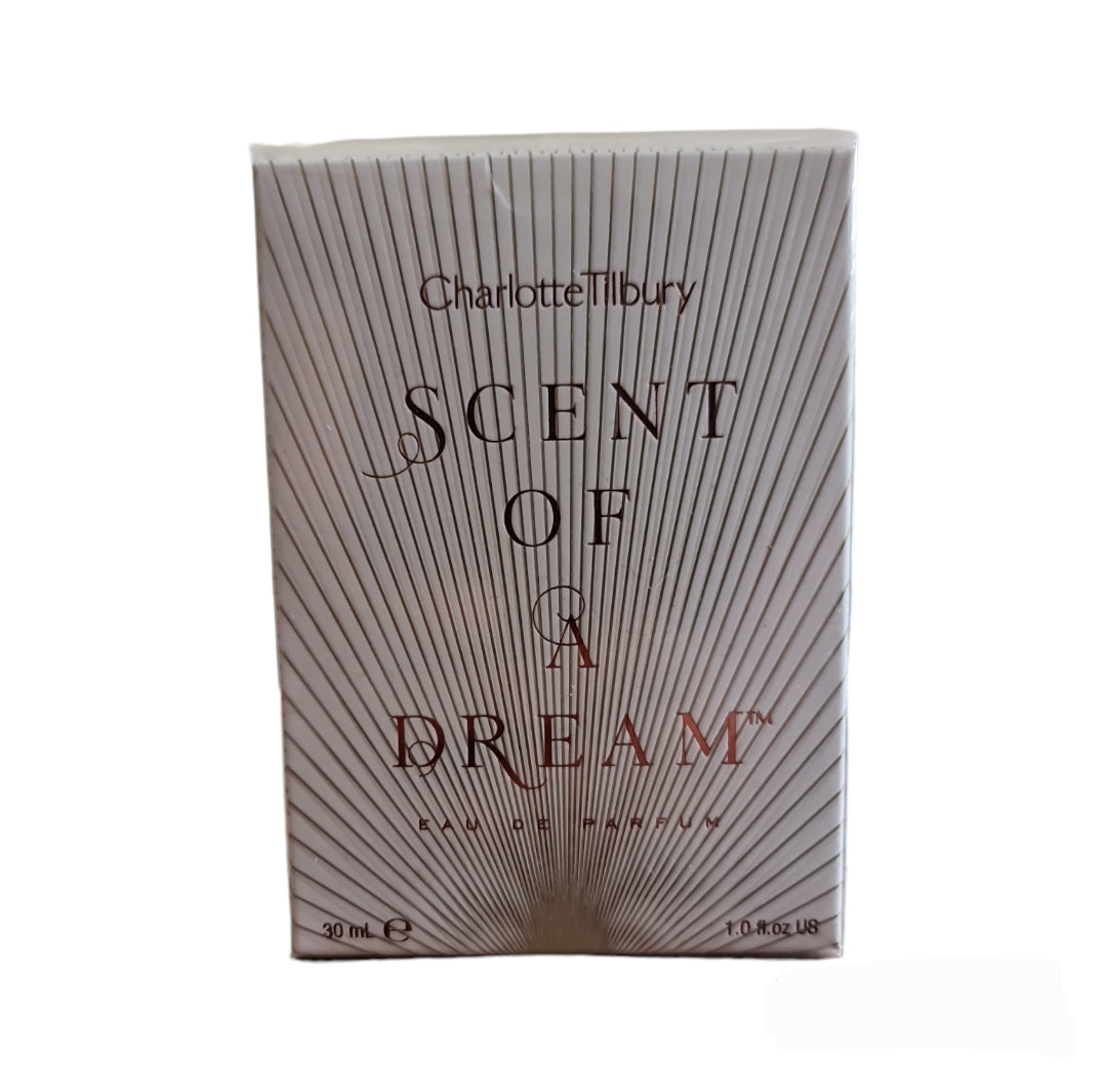 Charotte Tilbury Scent Of A Dream Eau De Parfum 30ml. Frony photo of box, perfume and fragrance.