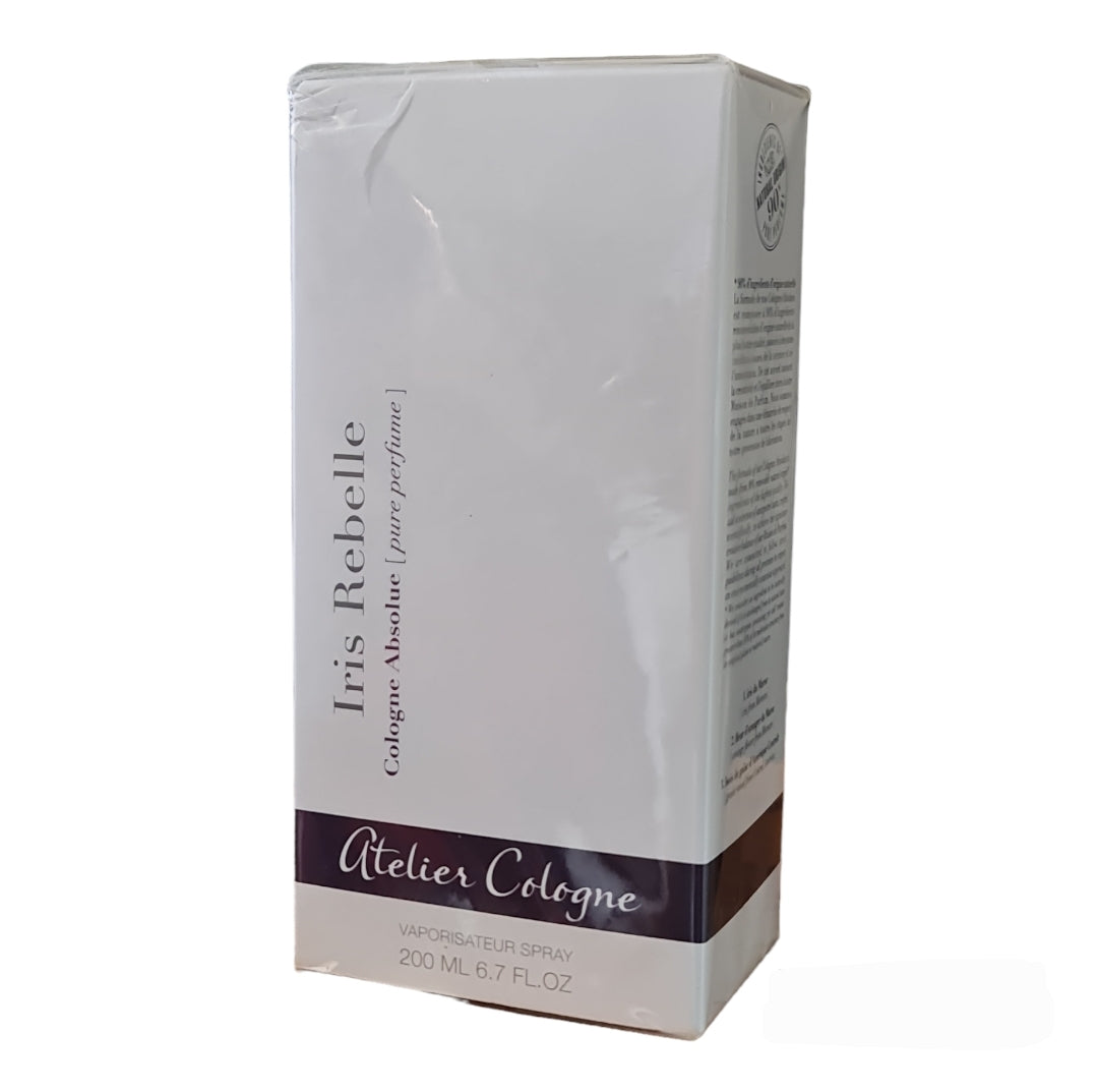 AtelierCologne Iris Rebelle Cologne Absolue Pure Perfume 200ml. Angled photo of box, perfume, cologne, scent and fragrance.