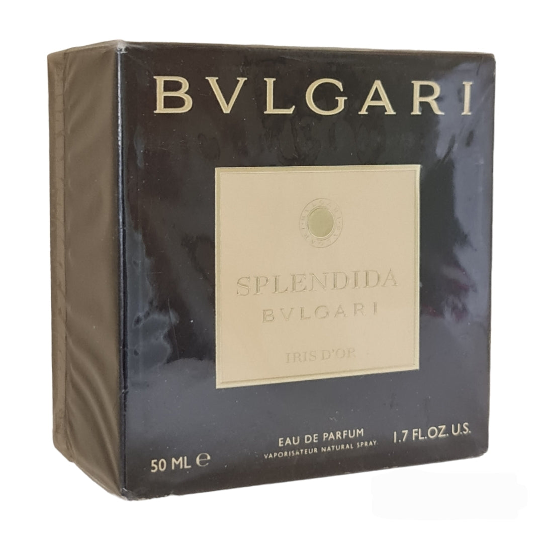 Bvlgari Splendida Iris d'Or Eau de Parfum 50ml. Perfume and Fragrance Angled photo of box.