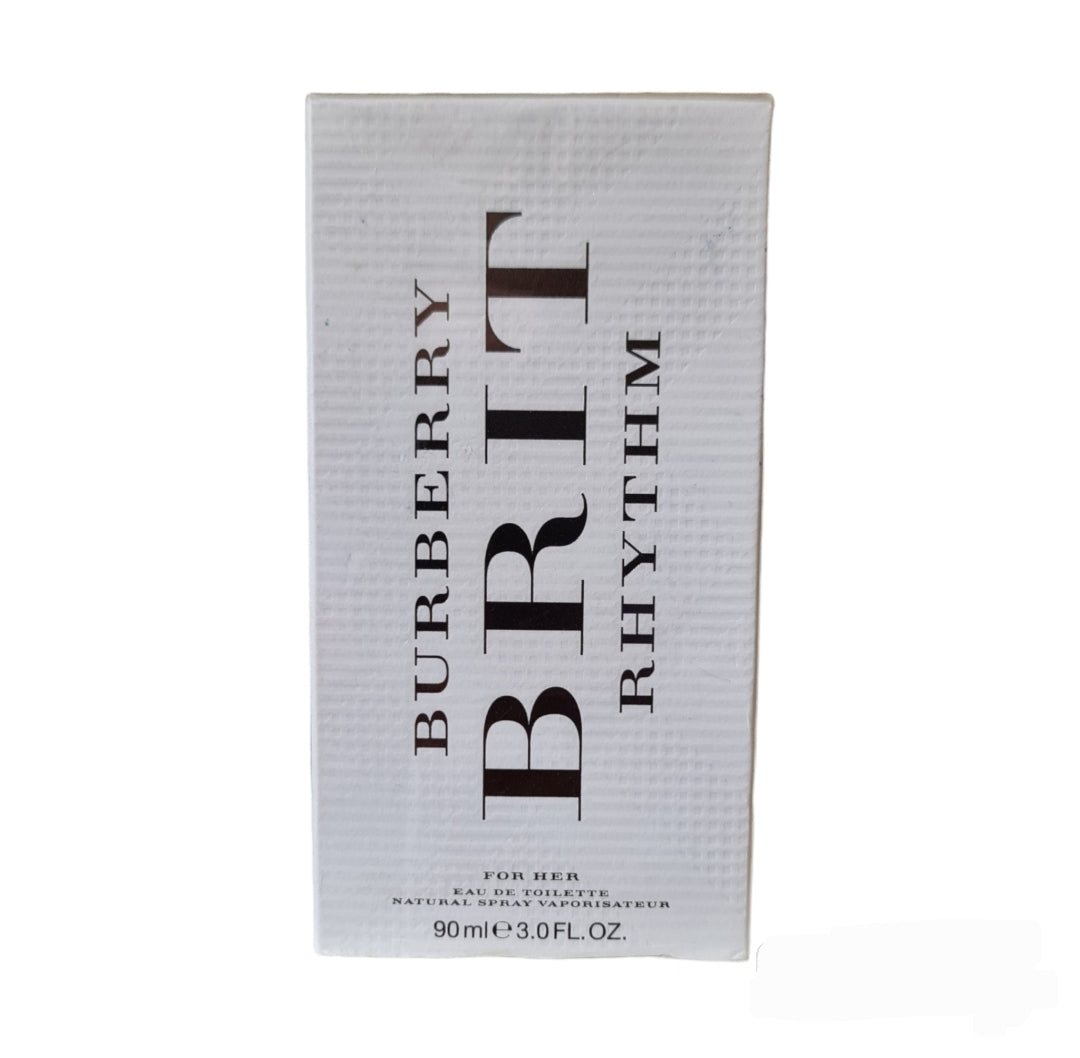 Burberry Brit Rhythm For Her Eau De Toilette 90ml.  Front photo of perfume box.