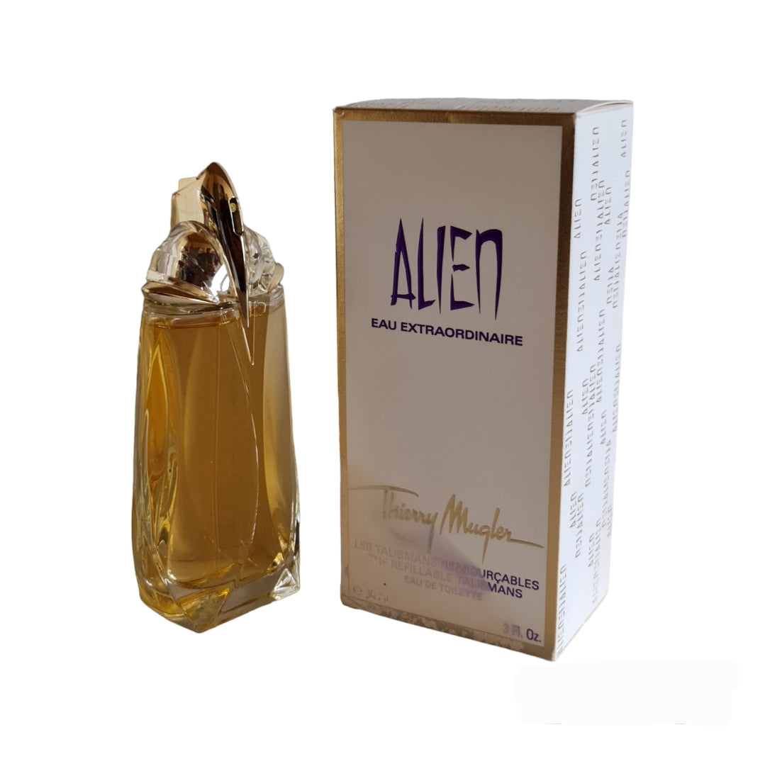 Mugler Alien Eau Extraordinaire Eau De Toilette 90ml Refillable Stone. Front angled photo, showing fragrance bottle and box. Perfuma and Cologne.