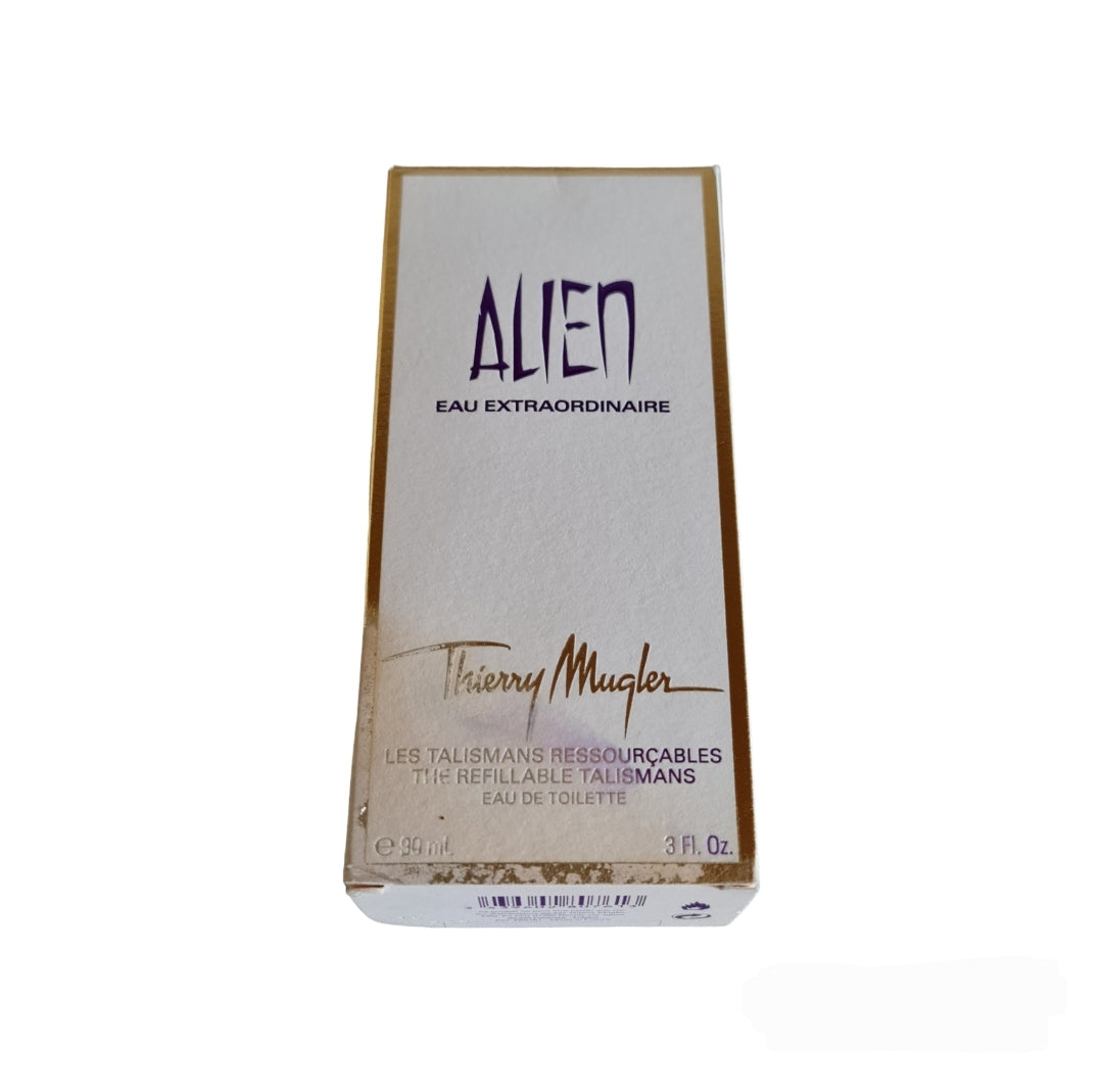 Mugler Alien Eau Extraordinaire Eau De Toilette 90ml Refillable Stone. Front photo, showing fragrance box marks.