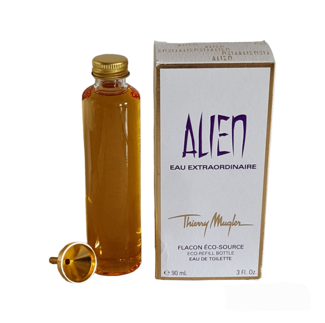 Mugler Alien Eau Extraordinaire Eau De Toilette 90ml Eco Refill bottle. Photo two showing the bottle, funnel and box.