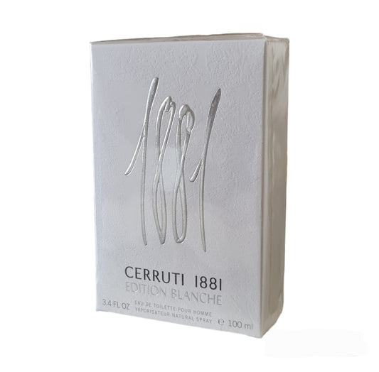 Cerruti 1881 Edition Blanche Eau de Toilette Pour Homme 100ml. Front angled photo of perfume box.