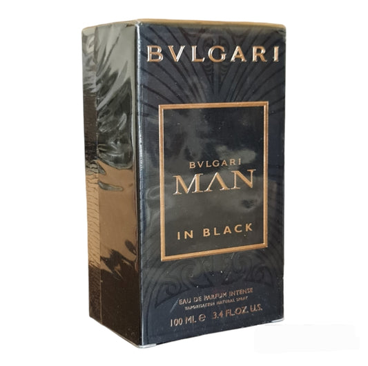 Bvlgari Man In Black Eau de Parfum Intense 100ml. Front angled photo showing fragrance box.