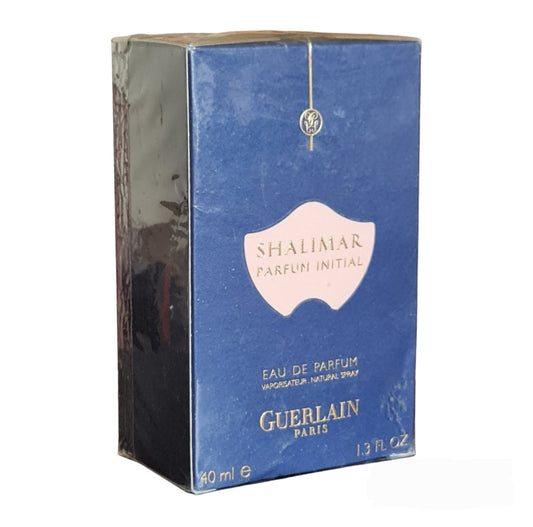 Guerlain Shalimar Parfum Initial Eau De Parfum 40ml. Imperfect box. Front angled photo of the perfume box.