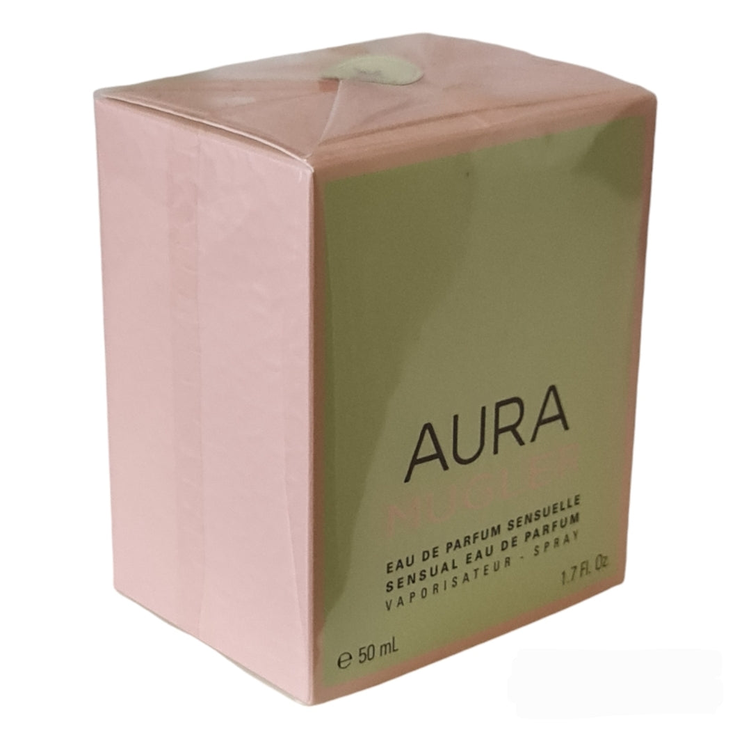 Mugler Aura Sensuelle Eau De Parfum 50ml. Angled photo of the perfume box.