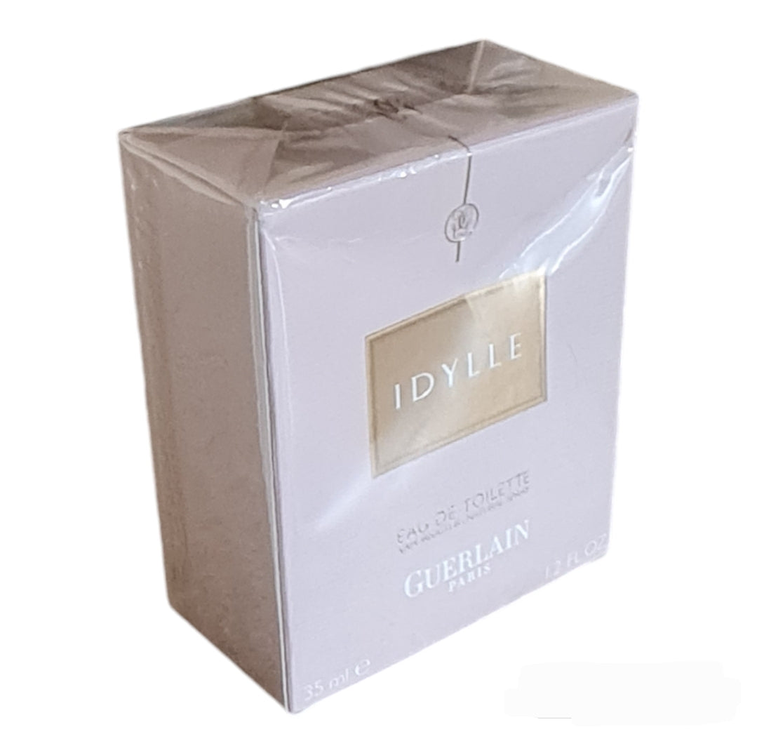 Guerlain Idyelle Eau de Toilette 35ml. Front angled photo of the perfume box.