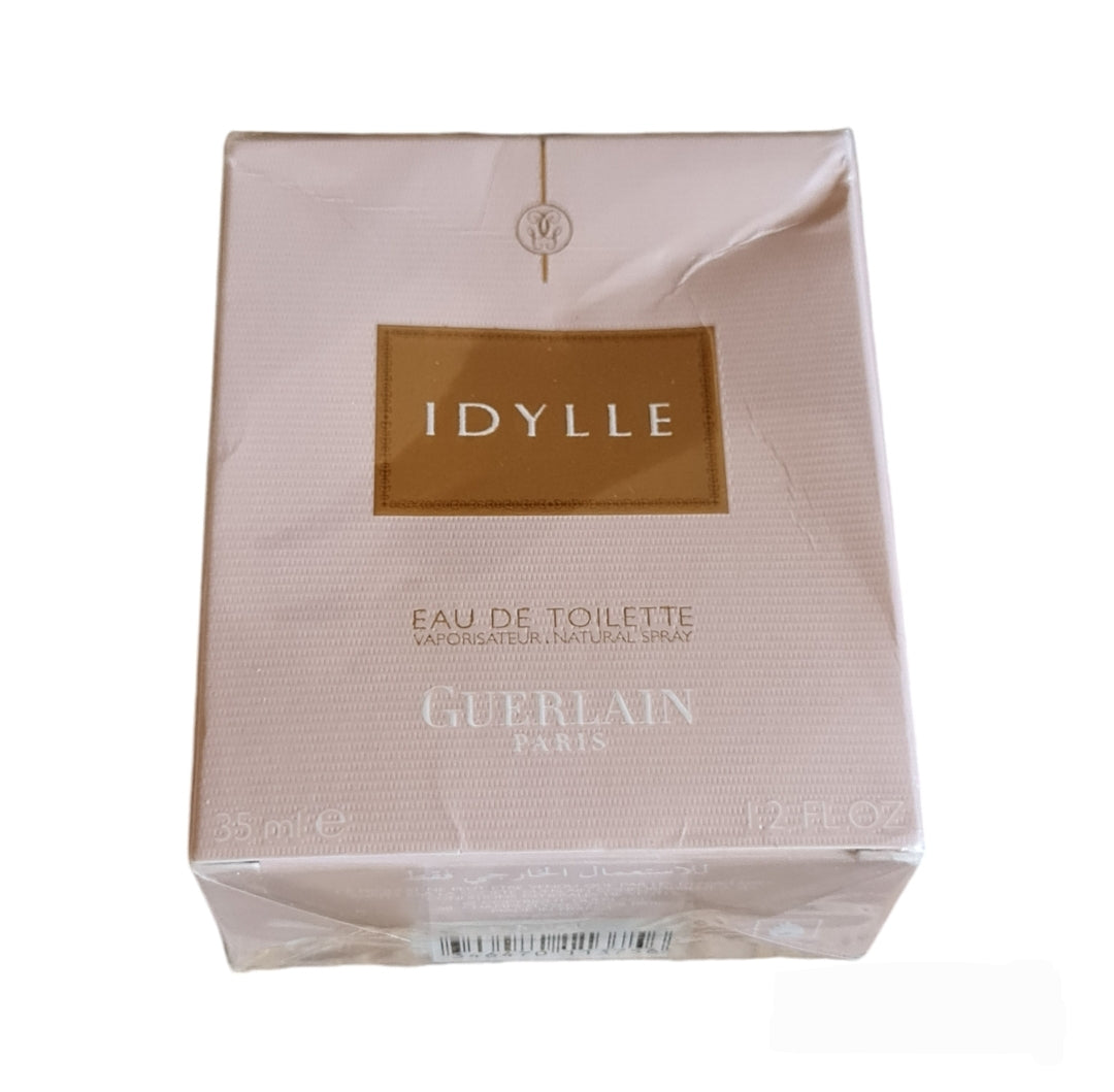 Guerlain Idyelle Eau de Toilette 35ml. Photo of box lying flat, shows imperfection better.