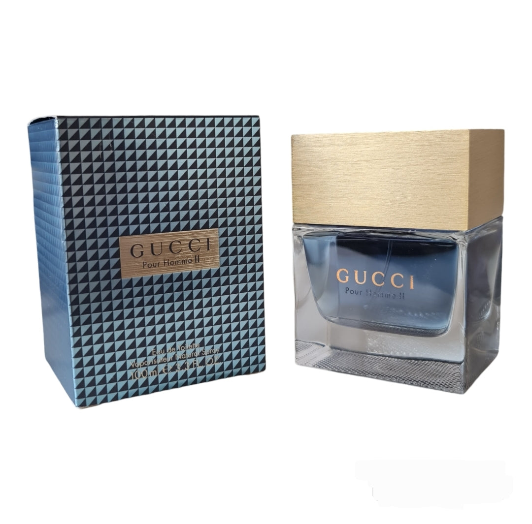 Gucci Pour Homme II (2) Eau De Toilette 100ml. Photo of perfume box and bottle at a angle.