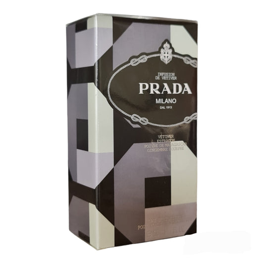 Prada Milano Infusion De Vetiver Pour Homme Eau De Toilette 50ml. Front angled photo of perfume box.