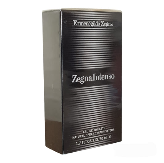 Ermenegildo Zegna Intenso Eau De Toilette 50ml. Angled photo of perfume box.