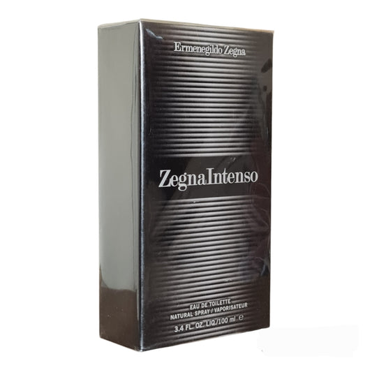 Ermenegildo Zegna Intenso Eau De Toilette 100ml. Photo of perfume box at a angle.