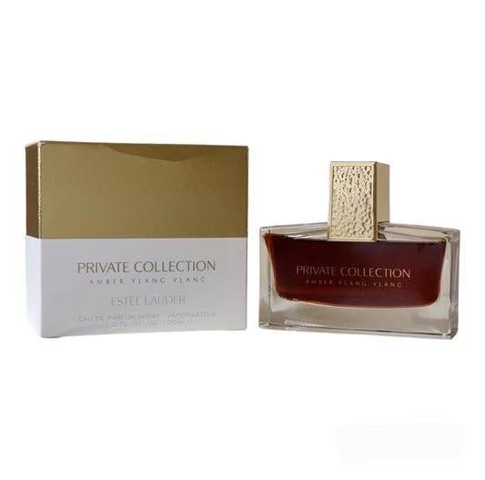 Estee Lauder Private Collection Amber Ylang Ylang Eau De Parfum 30ml. Photo of the box and bottle at an angle.