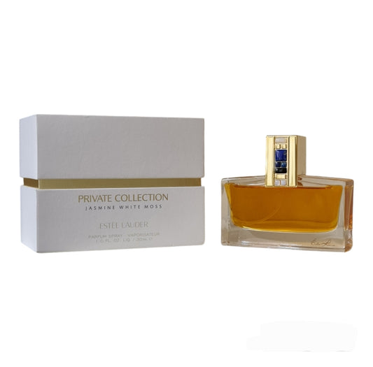 Estee Lauder Private Collection Jasmine White Moss Parfum 30ml. Perfume box and bottle at an angle photo.