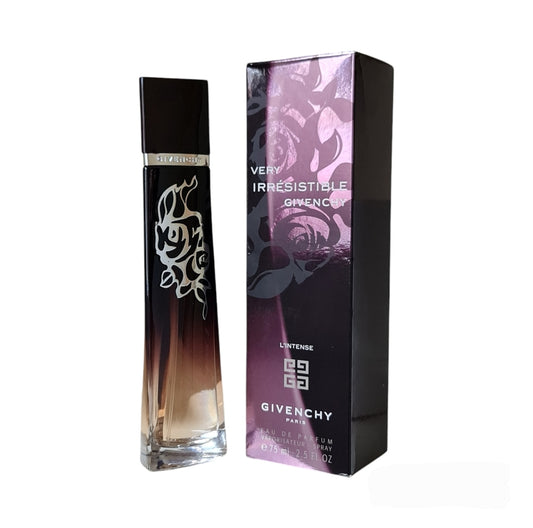 Givenchy Very Irresistible L'Intense 75ml Eau De Parfum. Photo of perfume bottle and box at an angle.