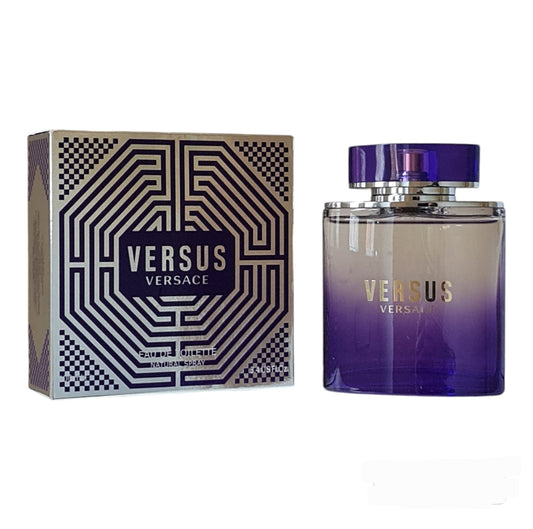 Versace Versus Eau De Toilette 100ml.  Photo of perfume box and bottle side by side at an angle.