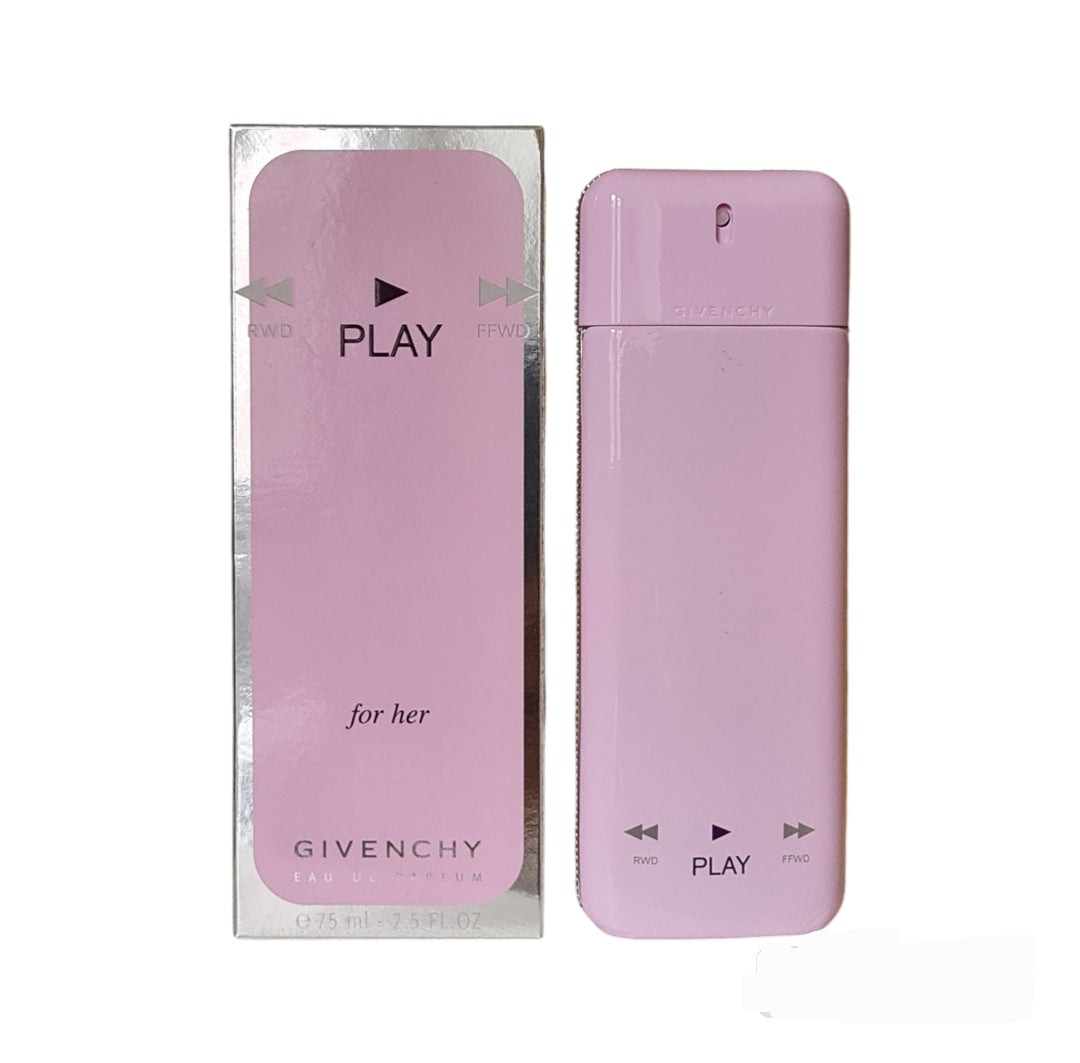 Givenchy Play For Her EDP. Photo of perfume bottle and box side by side.