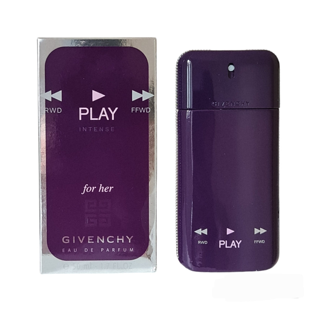 Givenchy Play Intense For Her Eau De Parfum 50ml. Photo of perfume box and bottle side by side.