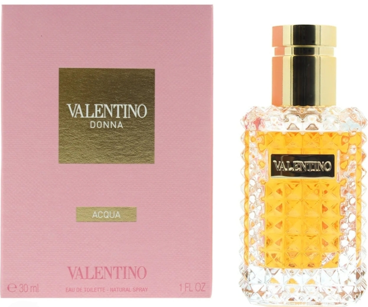 Valentino Donna Acqua Eau Toilette 30ml. Valentino stock photo showing box and bottle, perfume, fragrance, scent and cologne.