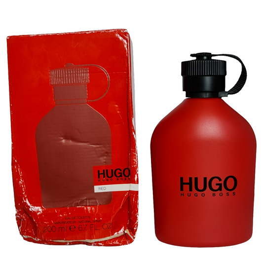 Hugo Boss Red Eau de Toilette 200ml. Unsealed Imperfect Box. See Description. Photo of perfume bottle and box side by side photo.