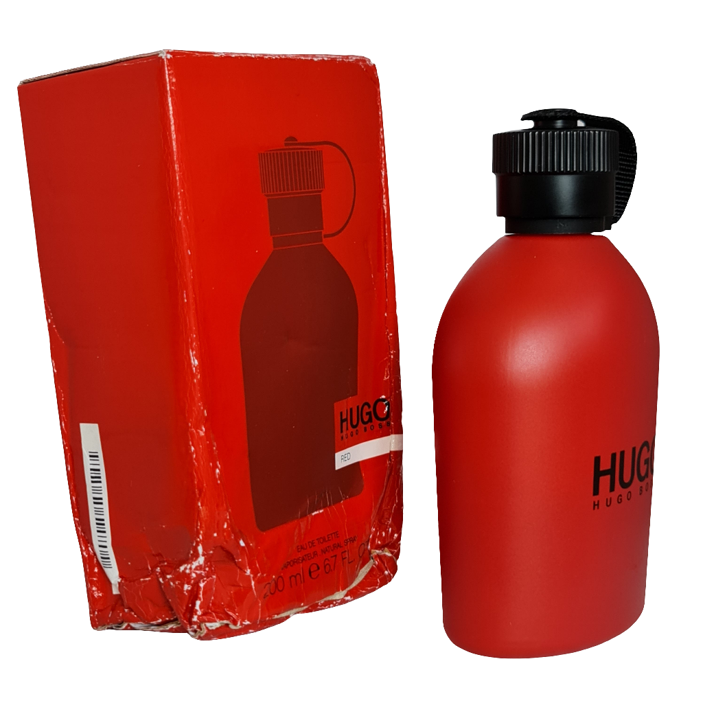Side view of perfume bottle and box.