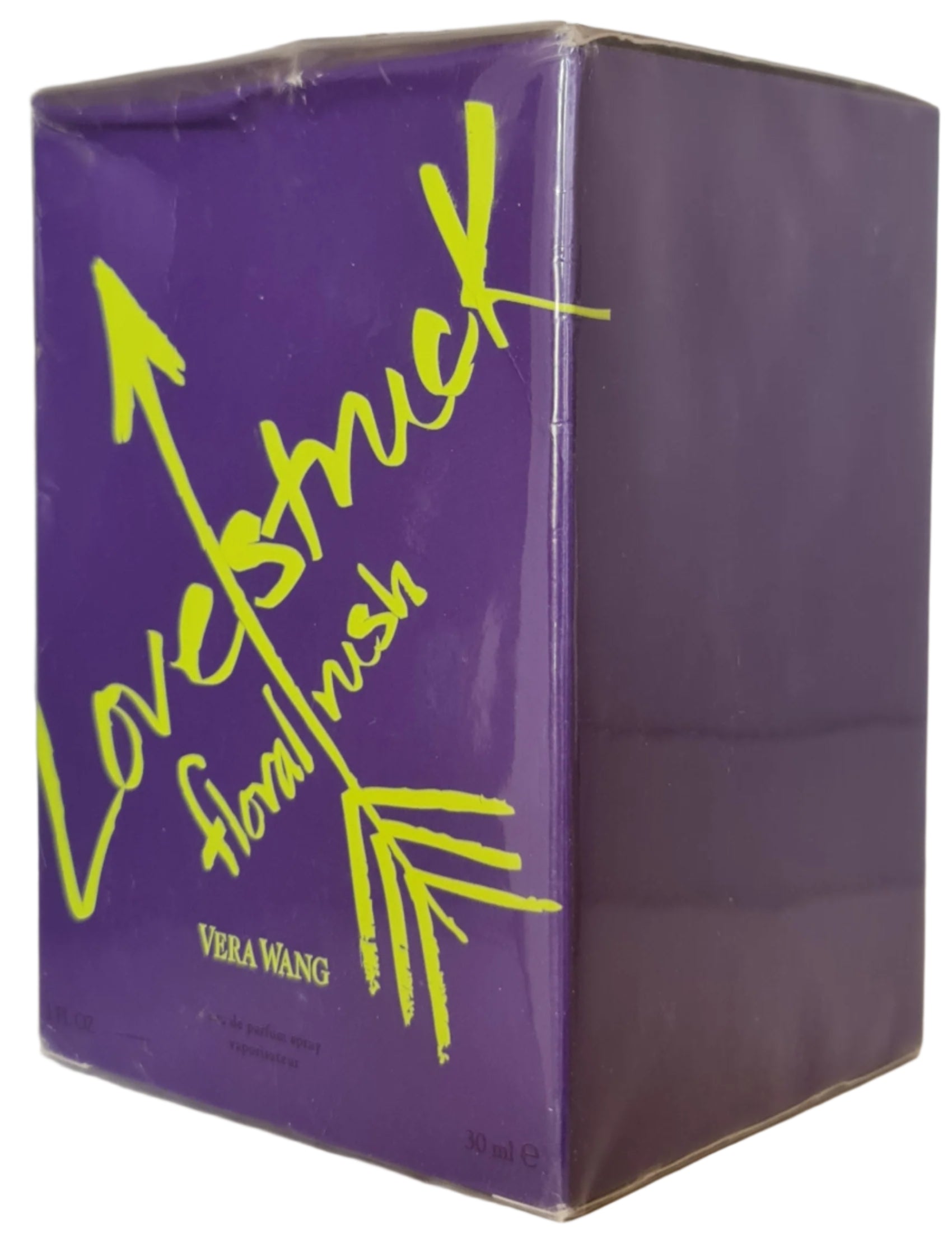 Vera Wang Lovestruck Floral Rush 30ml. Imperfect Box & Cellophane. Second angled photo of perfume box.