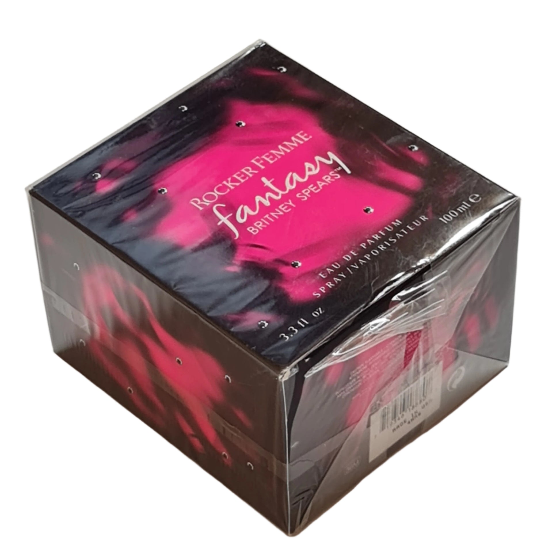 Britney Spears Rocker Femme Eau de Parfum 100ml. Imperfect Cellophane & Box. Item lying flat and angeled photo.