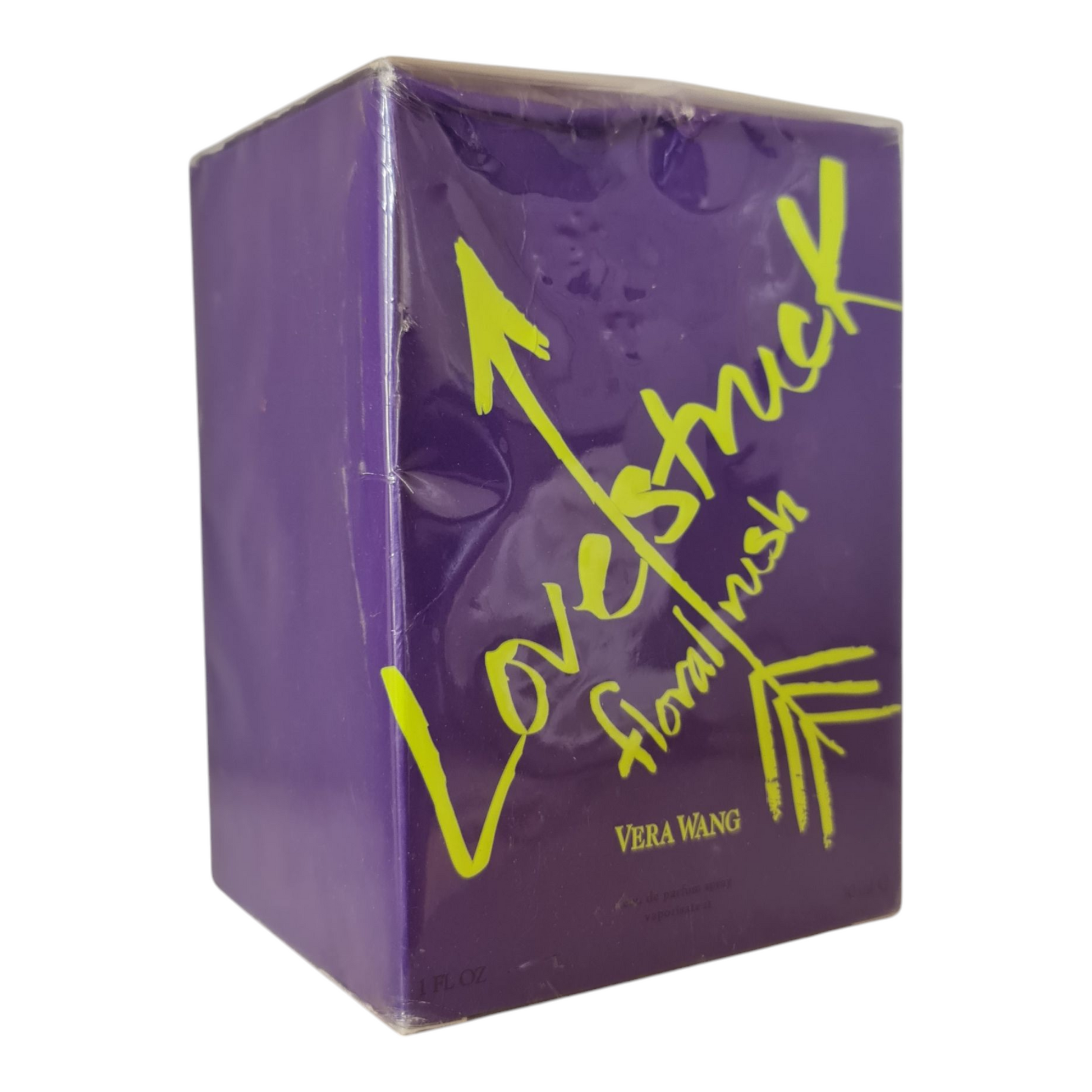 Vera Wang Lovestruck Floral Rush 30ml. Imperfect Box & Cellophane. Front angled photo of perfume box.