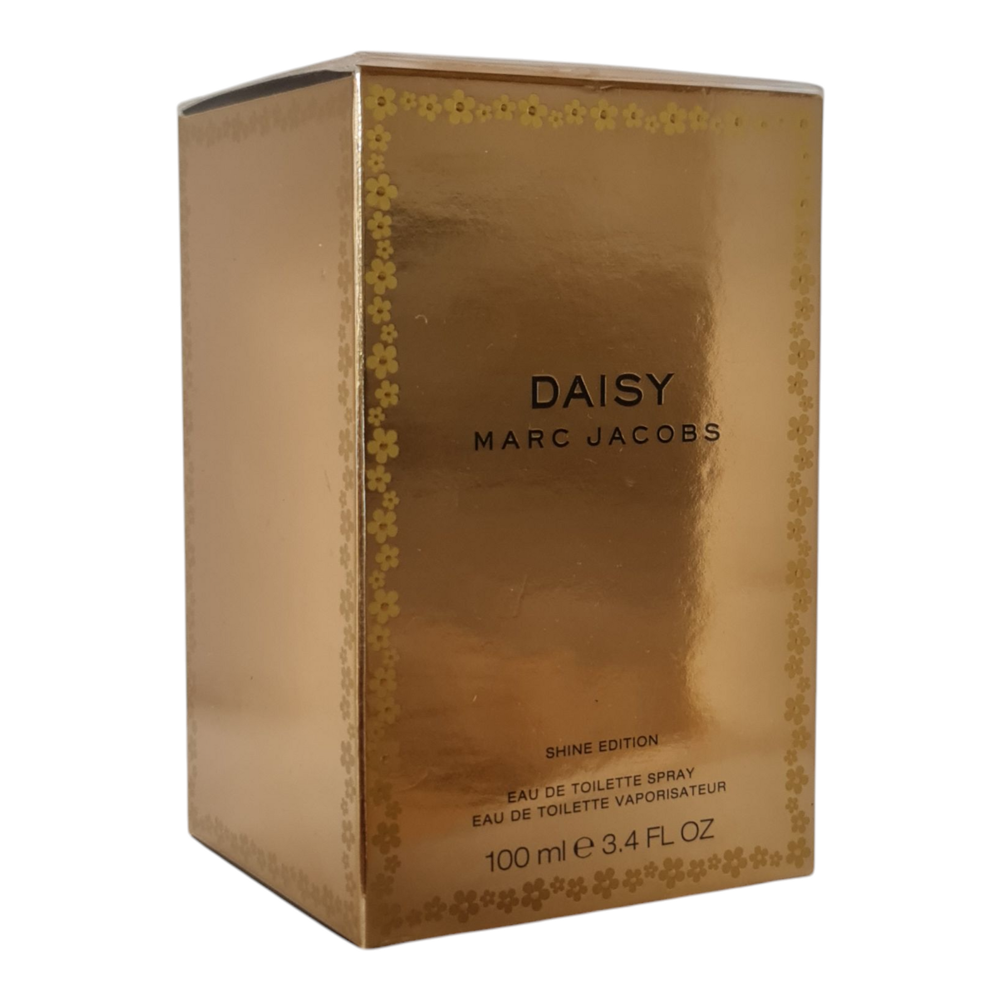 Marc Jacobs Daisy Shine Gold Edition Eau de Toilette 100ml. Front angled photo of perfume box.