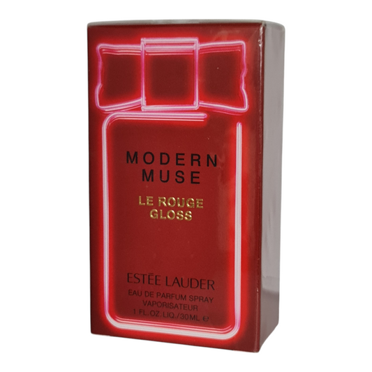 Estée Lauder Modern Muse Le Rouge Gloss Eau de Parfum 30ml. Front angled photo of perfume box.