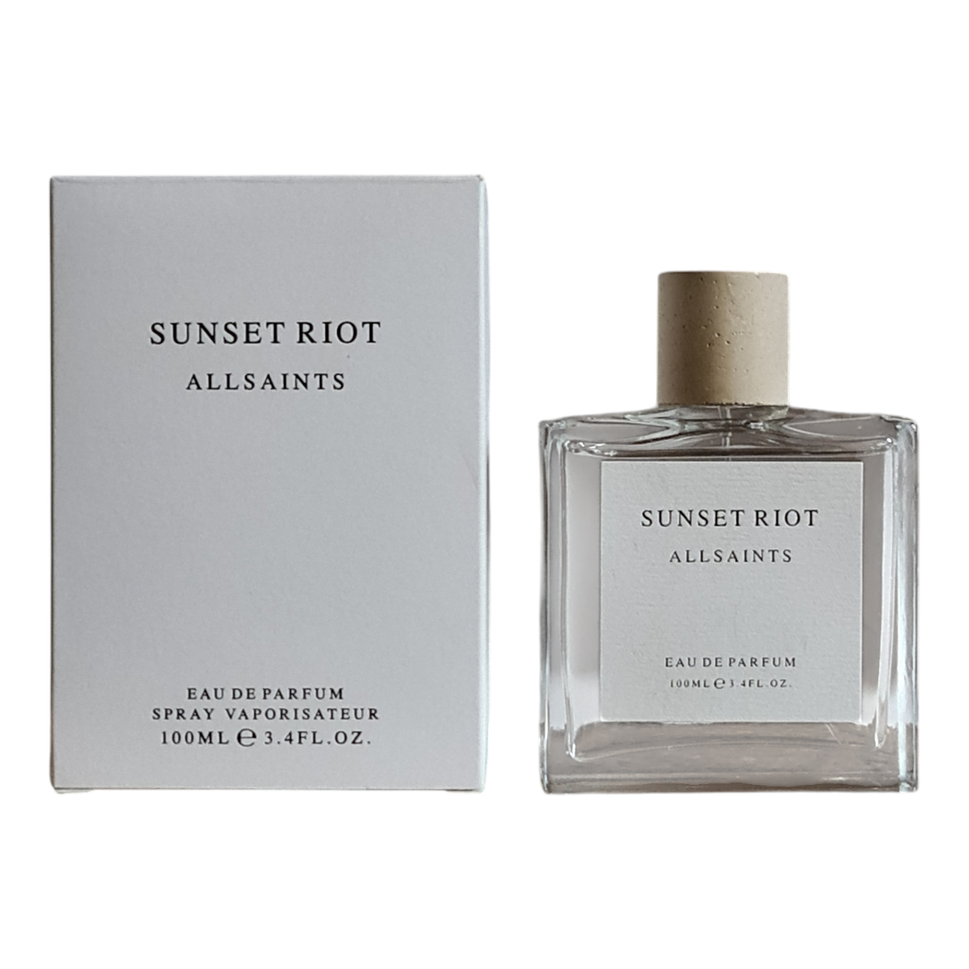 All Saints Sunset Riot Unisex Fragrance Eau de Parfum 100ml. Unsealed box. Perfume bottle and box side by side photo.