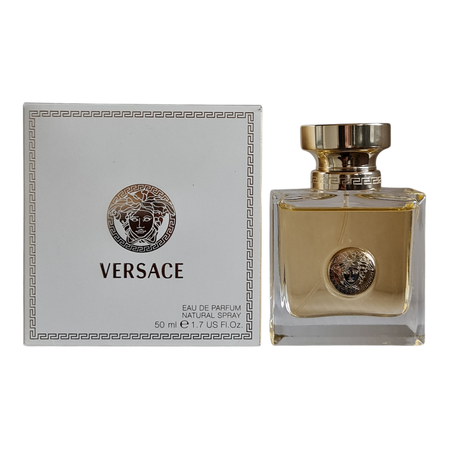 Versace Pour Femme Eau De Parfum 50ml. Unsealed Box. Photo of perfume bottle and box side by side.