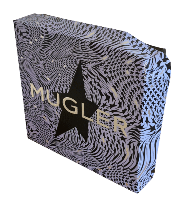 mugler alien goddess eau de parfum 60ml gift set. Bird's Eye view of damage and front of box.
