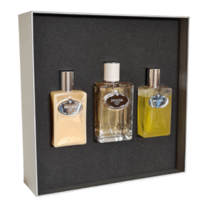 prada infusion d'homme eau de toilette 100ml 3 piece gift set. Photo showing internal of gift box.