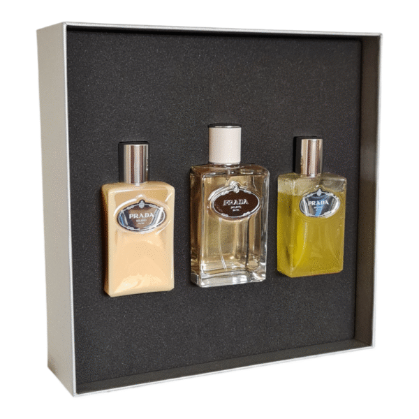 prada infusion d'homme eau de toilette 100ml 3 piece gift set. Photo showing internal of gift box.
