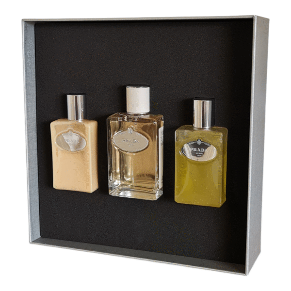 prada infusion d'homme eau de toilette 100ml 3 piece gift set. Second photo showing inside of the box.
