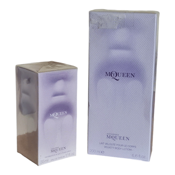 alexander mcqueen my mcqueen eau de parfum 35ml & velvet body lotion 200ml. Second photo of boxes together.