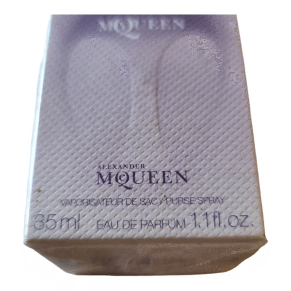 alexander mcqueen my mcqueen eau de parfum 35ml & velvet body lotion 200ml/ Photo showing the lettering on the perfume box.