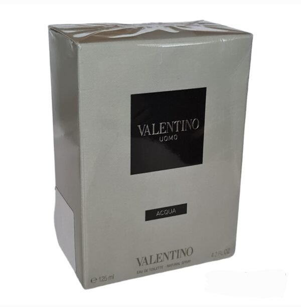 valentino uomo acqua eau de toilette 125ml. Photo showing front and side of box.