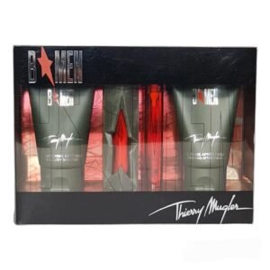 Thierry Mugler B*Men travel spray set packaging, featuring a black and red design with two bottles of travel spray and refills displayed in front.