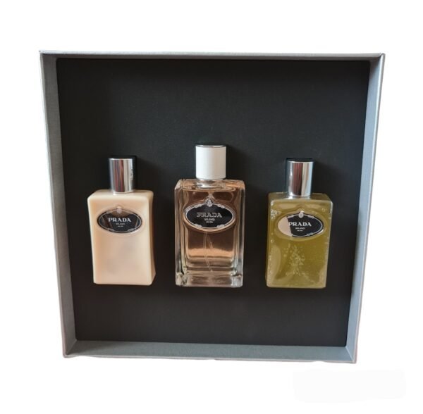 prada infusion d'homme eau de toilette 100ml 3 piece gift set. Front facing photo of gift box.