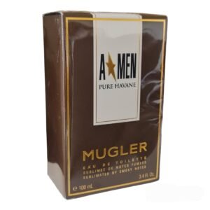 Mugler Pure Havane Eau de Toilette 100ml. Front angled photo of fragrance box.