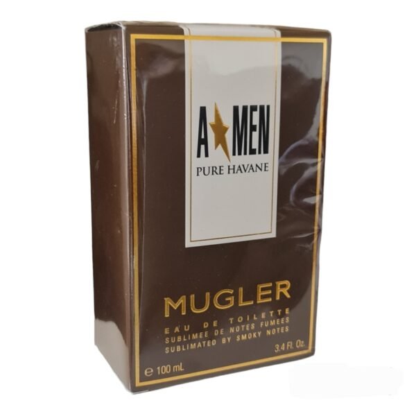 Mugler Pure Havane Eau de Toilette 100ml. Front angled photo of fragrance box.