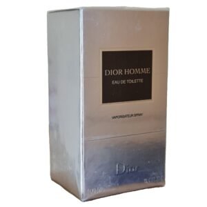Dior Homme Silver Stem Eau de Toilette 100ml. Front angled photo of silver perfume box.