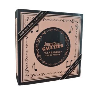 Jean Paul Gaultier Classique Eau de Parfum 50ml - 2 Piece Music Box Gift Set. Front angled photo of gift box.