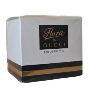 gucci flora eau de toilette 50ml. Front angled photo of white perfume box.