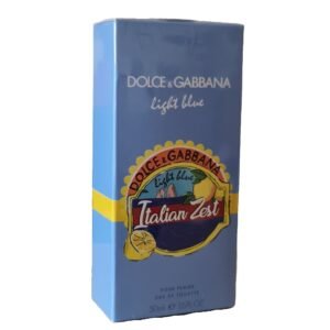 dolce&gabbana light blue italian zest eau de toilette 50ml. Front angled photo of blue fragrance box.